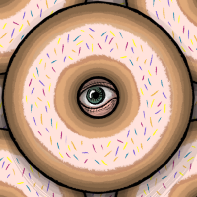 A donut with white frosting and sprinkles with an eye pearing through the middle