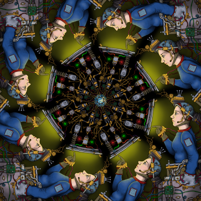 A drawing divided into 8 'slices' so to speak, each mirrored. Each slice is a woman, in a futuristic blue jumpsuit with red stitching, wearing a futuristic looking hat, and her left hand plugged into some futuristic looking contraption withw ires and circuits everywhere. Her right hand is holding some sort of tool, also with wires sticking out, and she's poking at some sort of fancy looking, also octogonally symmetric circuit thing, which gets increasingly complex until it reaches the middle, where there's a very, very tiny globe