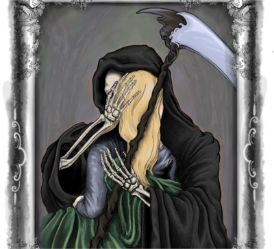 The grim reaper holding his scythe and wearing his usual black garb hugging a blonde woman, facing away from us.