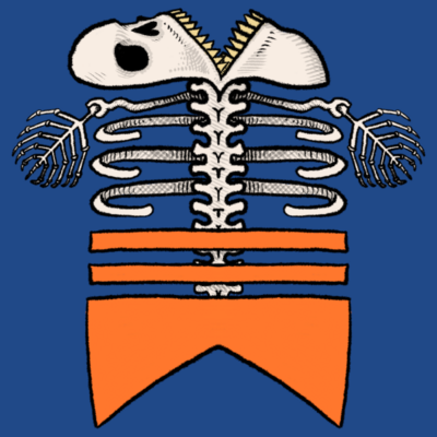 The substack logo, except that the bottom double triangle looking thing is used as the tail of a fish, and as the horizontal bars go up vertically, they transform into the ribs of a fish, ending in a creepy weird fish skull.