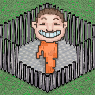 A drawing in a pixelated style, such that it looks like roller coaster tycoon, of a fellow with a big stupid grin and brown hair, enclosed with a fenceand trapped on a path with no way out.