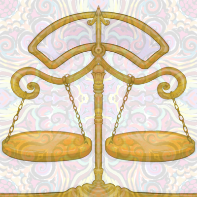 The justice scales, balanced, overlaid by a psychedelic pattern.