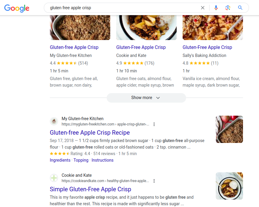 A search for gluten free apple crisp. Results include websites like mygluten-freekitchen.com and cookieandkate.com, which are obvious blogspam full of ads