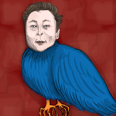 Elon Musk's stupid face on the body of a turquoise blue bird