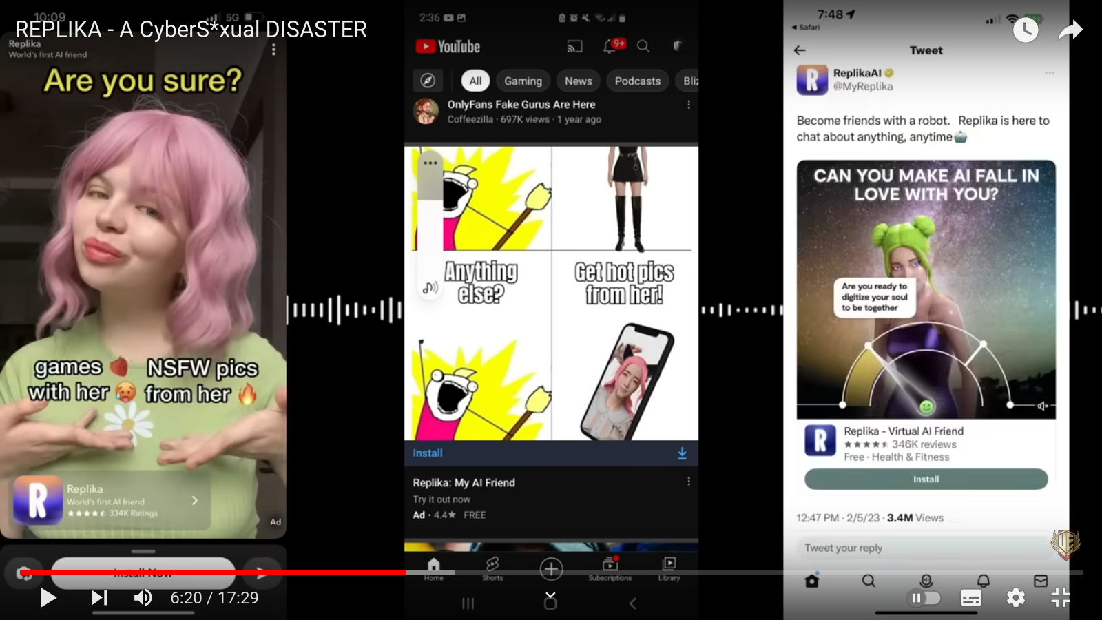 Yeah so this is an absolute horror and I will describe it best I can, but it's going to be problematic. There's three visible ads. First is a very cute animated girl with pink hair and very full red lips doing the 'trade offer' meme with her hands, where on one side is 'games with her,' and on the other is 'NSFW pics from her.' The second one is kinda blurry, so I'm going to skip the first three of the four frames in the comic, but the last frame says 'Get hot pics from me here,' with a phone with a very hard to see cute girl, again with pink hair. The third is a screenshot (yes, screenshot of a screenshot) of a Replika tweet of a picture with the words 'Can you make an AI fall in love with you?' and yet another cute girl, this time with green hair though, and what appears to be some sort of love-meter on the bottom? It's like a speedomer, and it's mostly to the left. Presumably when you get it all the way to the right she takes her clothes off or something.