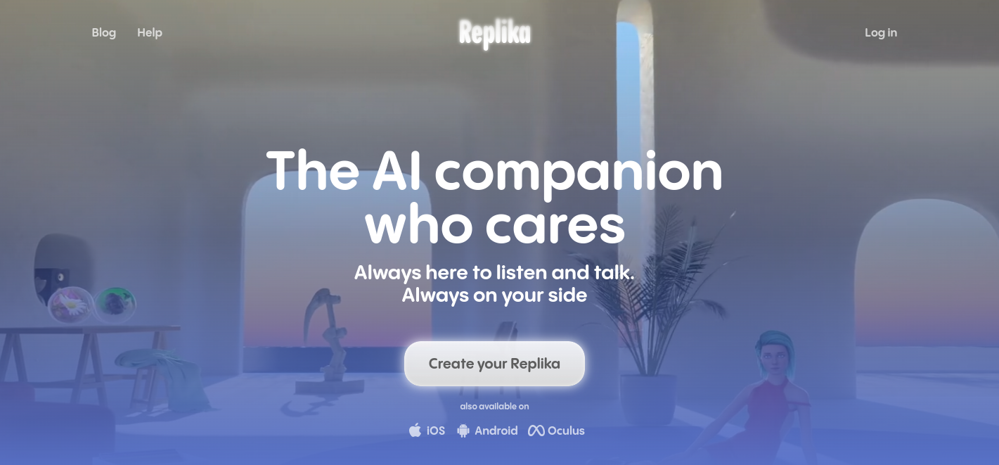 A website with the words; The AI companion who cares. Always here to listen and talk. Always on your side. The background looks like a scene in a room in the sims