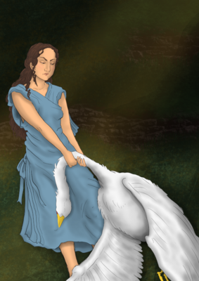 A light skinned woman with a blue dress and brown curly hair drags what appears to be a dead goose by the neck, looking might annoyed.