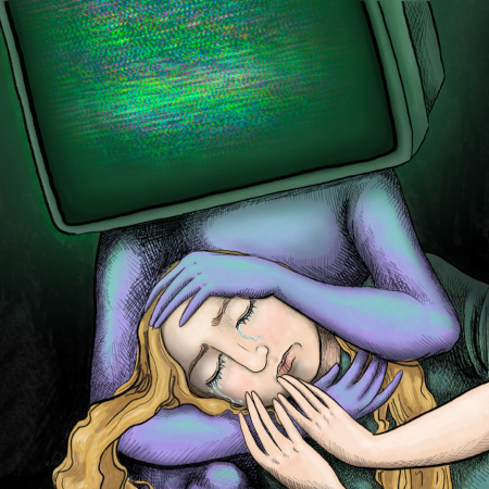 A creepy purple-green-tinted, featureless body with a computer monitor displaying green-purple static for head caresses the head of a crying young woman wearing a green shirt with light skin and blonde hair