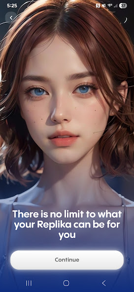 A mobile app welcome screen with a stylized digital portrait of a young woman with blue eyes and wavy brown hair. White text reads, “There is no limit to what your Replika can be for you,” above a large “Continue” button on a purple gradient background.
