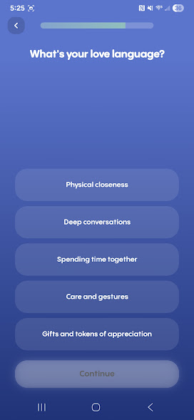 A mobile app questionnaire screen with a purple background asking, “What’s your love language?” Five rounded buttons list options: “Physical closeness,” “Deep conversations,” “Spending time together,” “Care and gestures,” and “Gifts and tokens of appreciation.” A disabled “Continue” button appears at the bottom.