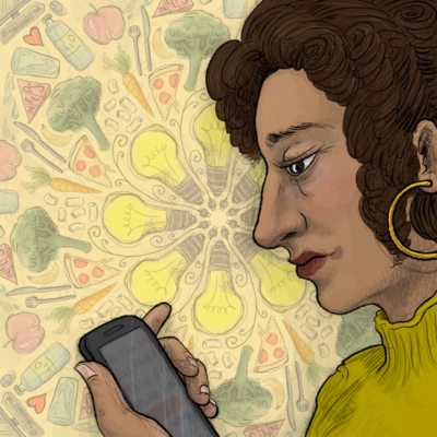 A woman with dark skin checking her phone. She's wearing a large hoop earring. In the background there are lightbulbs, pizza slices, and different inds of vegetables arranged into a sort of pattern to form the background.