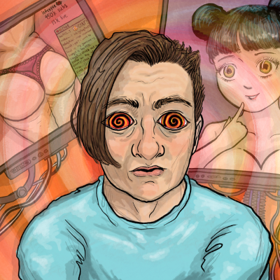 A man in a turquoise t-shirt and brown hair, staring back at us with his eyes filled with red and black swirls, hypnotized. Behind him are two screens with almost-naked women. On the left there's a woman's butt with revelaing underwear; on the right, the face and top of the torso of a topless woman, facing forward.