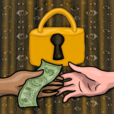 Two hands exchange some cash with a yellow lock in the background. Behind that is a striped background containing little human eyes