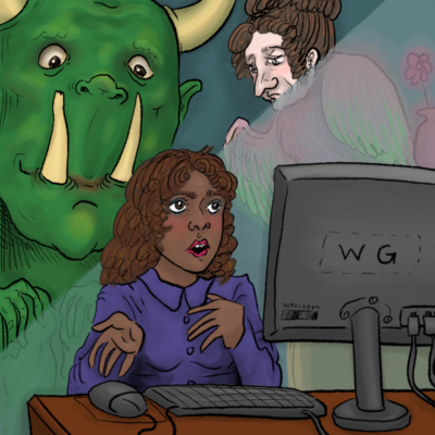 A woman in a purple dress and curly hair talks to her computer monitor. Behind her is a green monster with two fangs, and a half-bird half-woman with light skin, both looking at her.